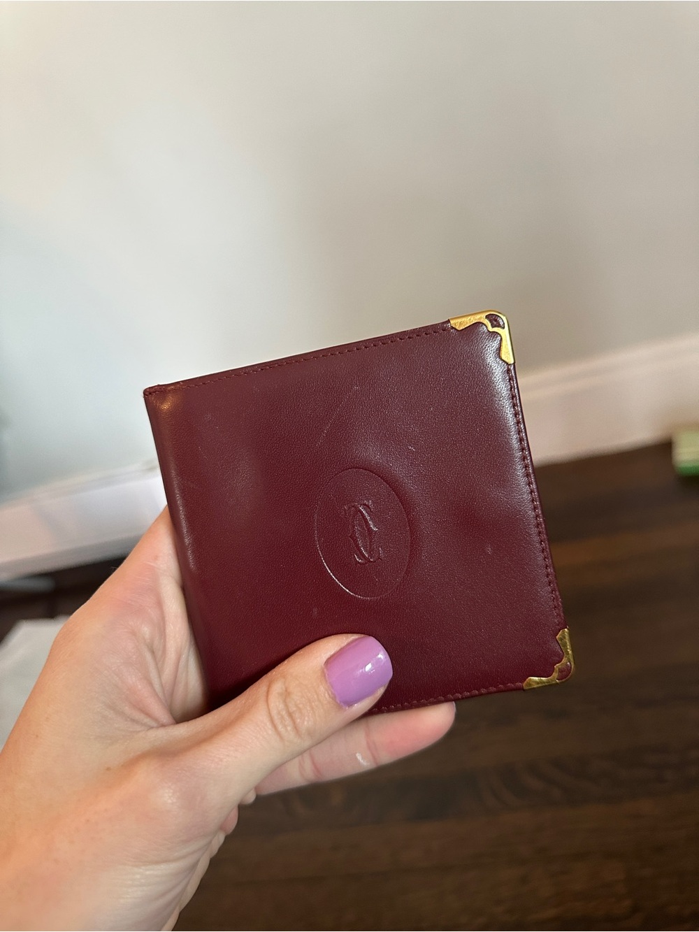 Cartier Burgundy Leather Card Holder with Gold Corners